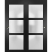Sliding Closet Frosted Glass Bypass Doors 36 x 80 inches | Lucia 2552 Matte Black | Sturdy Top Mount Rails Moldings Trims Hardware Set | Wood Solid Bedroom Wardrobe Doors