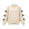 thumbnail image 4 of fnnxnal Girls Bow Detail Crewneck Long Sleeve Sweatshirt - Oversized Pullover Top in Beige,Size 11-12T, 4 of 8