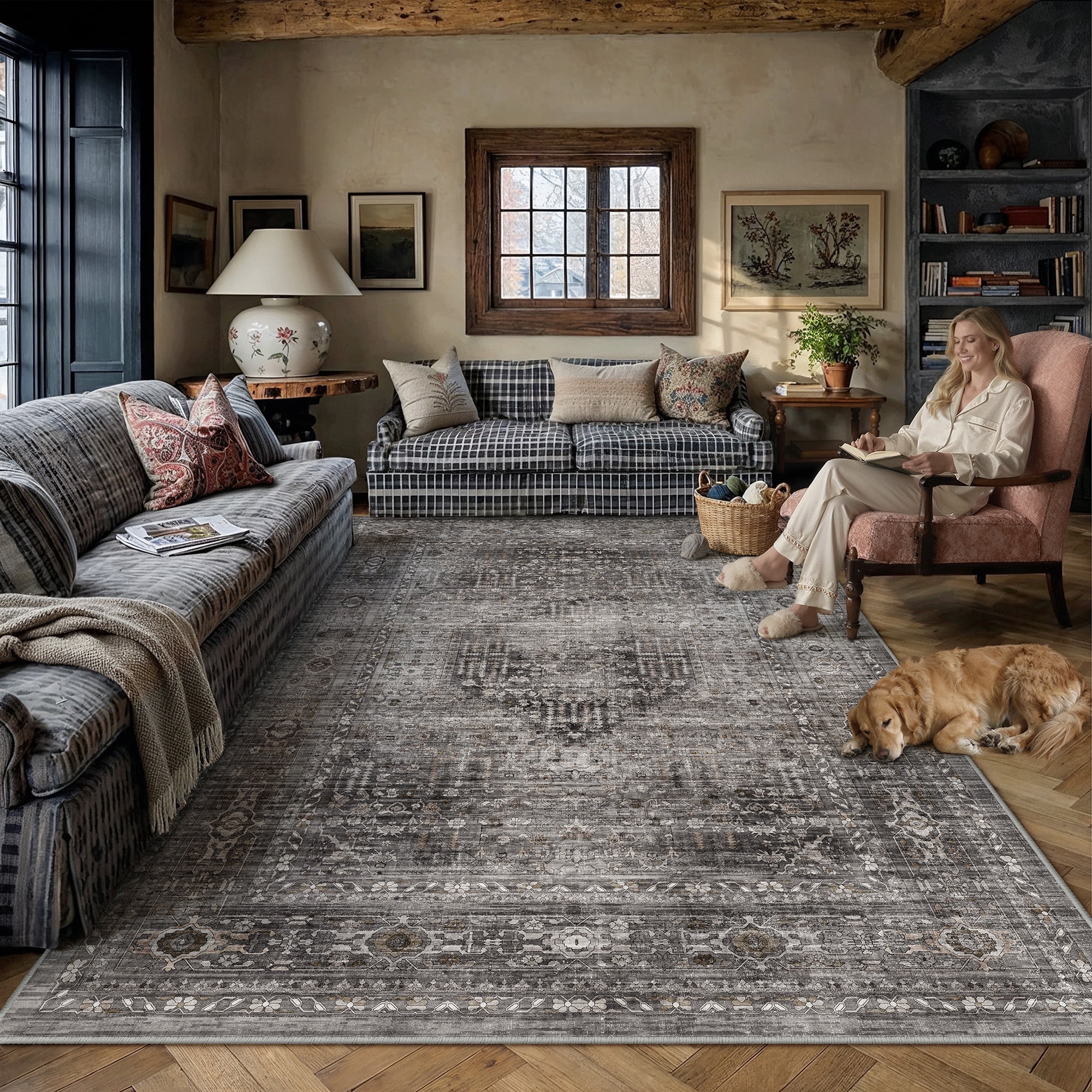 BERTHMEER 8'x10' Area Rugs for Living Room Bedroom Vintage Brown Carpets Kitchen Office Machine Washable Farmhouse Dining Room Oriental Rugs Non Slip Traditional Distressed Rugs