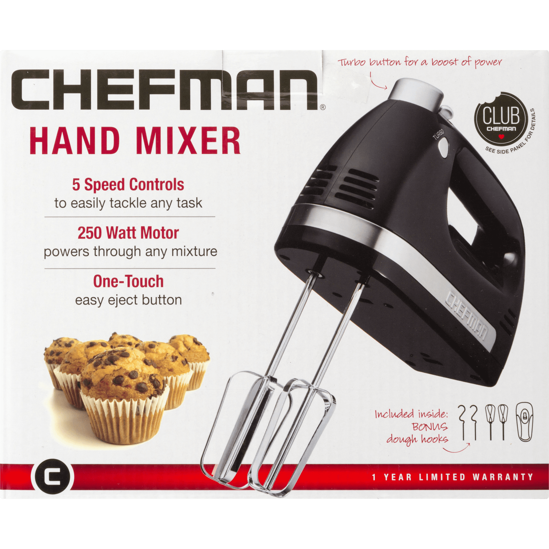 Chefman Turbo Power Hand Mixer with One-Touch Easy Eject Button RJ17-V2-Red Chrome Plated Beaters and FREE Bonus Dough Hooks Included 