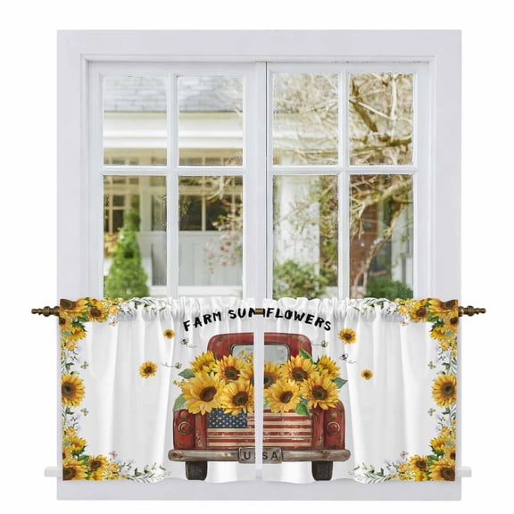 Sunflower Truck Tier Curtains 24 Inch Length, Yellow Flowers Summer Botanical Watercolor Cafe Short Curtains for Bathroom Over Sink, Small Kitchen Curtain Light Filtering Drapes 2 Panels 27.5"Wx24"L