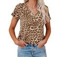 thumbnail image 2 of Summer Tops for Women Casual Leopard Print Camo Print V Neck Short Sleeve Fashion T Shirts for Women Brown M, 2 of 5