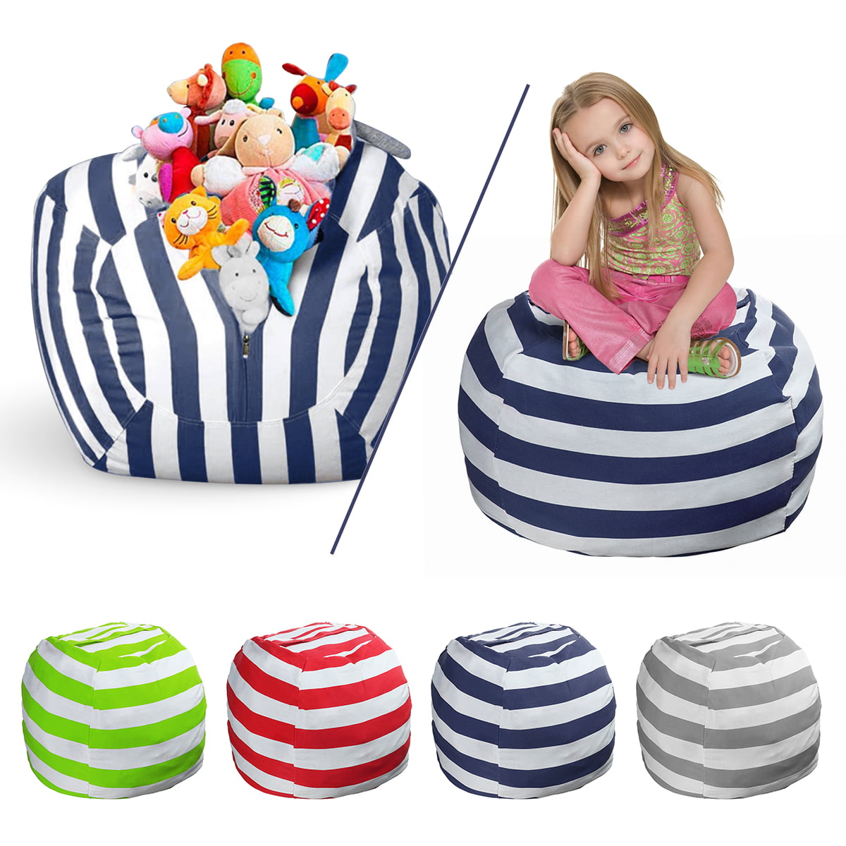 Blue Dreamseden Dual-use Toy Organization Seat Set for Kids Striped Stuffed Animal Storage Bag Chair 24.0 in & 15.7 in