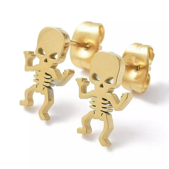 Stainless Steel Stud Earrings Skeleton Punk Gothic Skull Gold Black E21