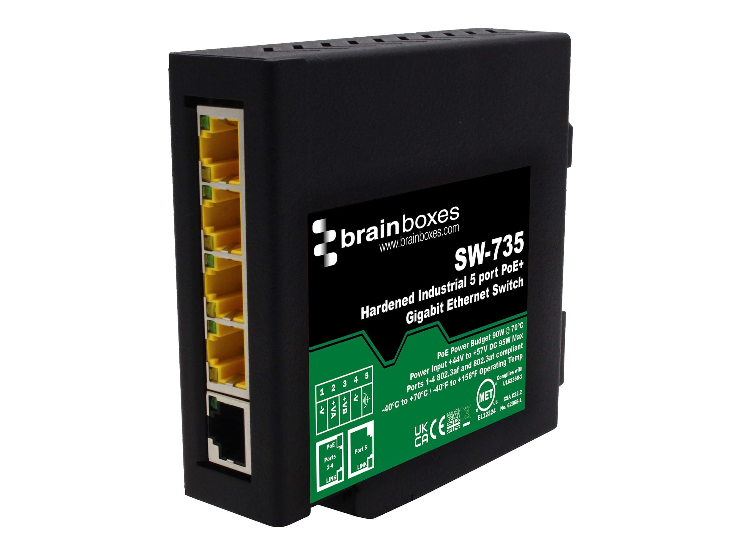 Brainboxes Hardened Industrial 5 Port PoE+ Gigabit Ethernet Switch SW735