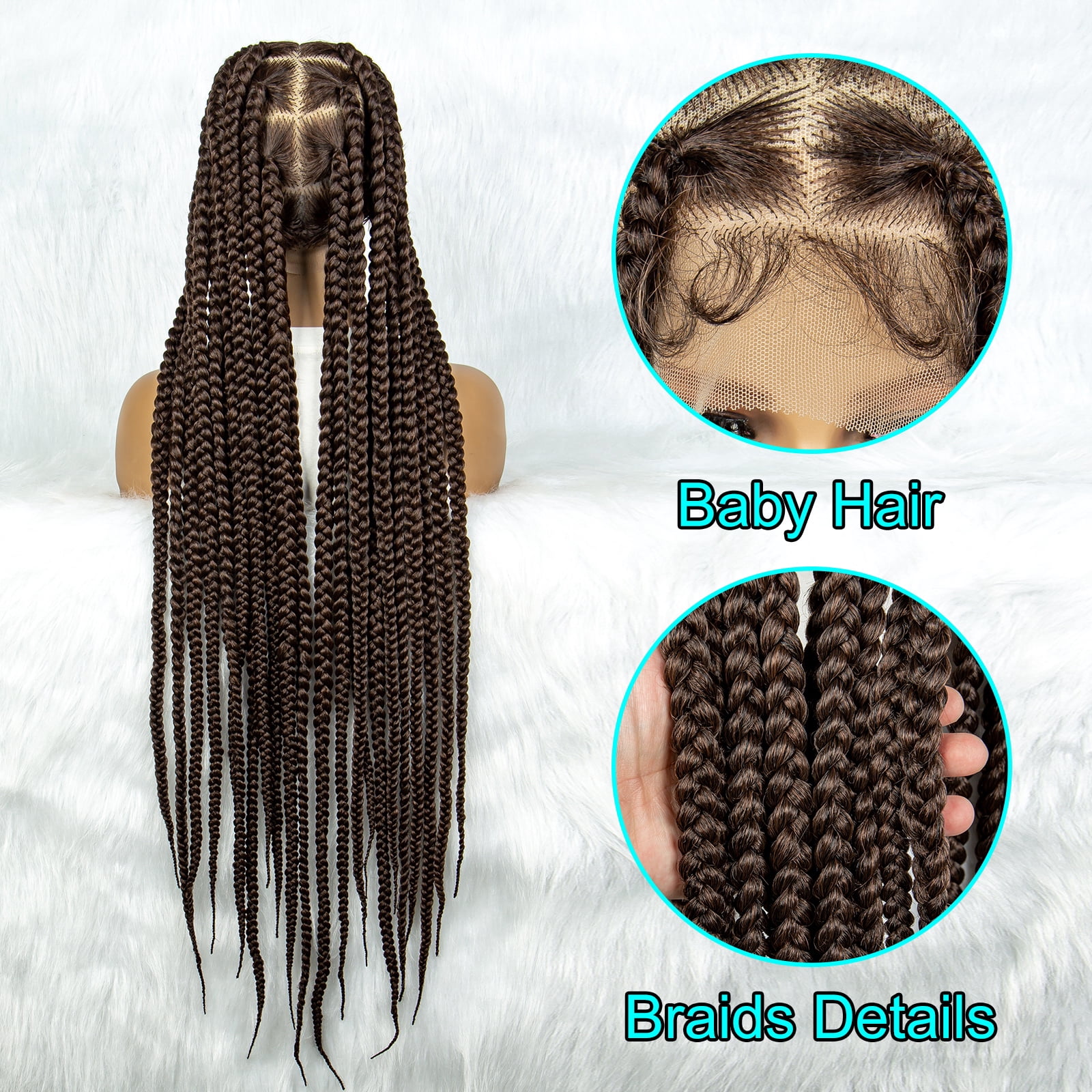 Full Lace Cornrow Braids Synthetic Lace Front Wig 1B/30 Color Brown 36 Inches Big Square Knotless Box Braids Wig with Baby Hair Braided Wigs for Black Women