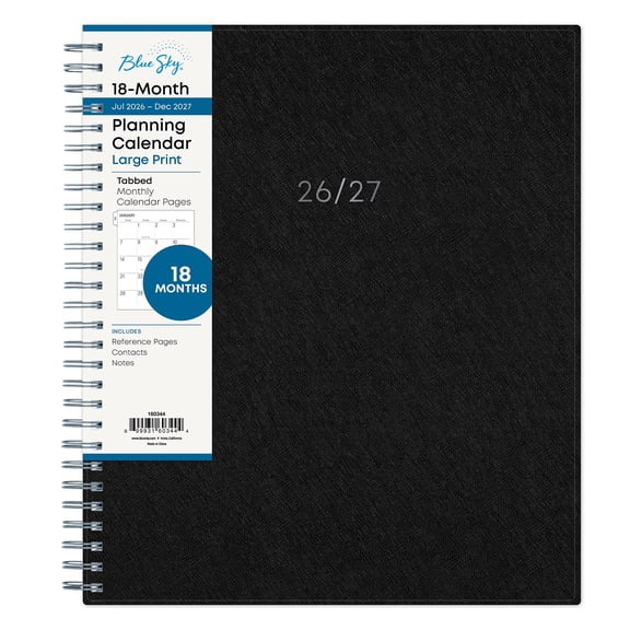 Blue Sky 2027 18 Month Large Print Monthly Planner Calendar, July 2026 - December 2027, 8" x 10", Monthly Layout, Flexible Cover, Durable Twin wire Binding, Laminated Tabs, Solid Black