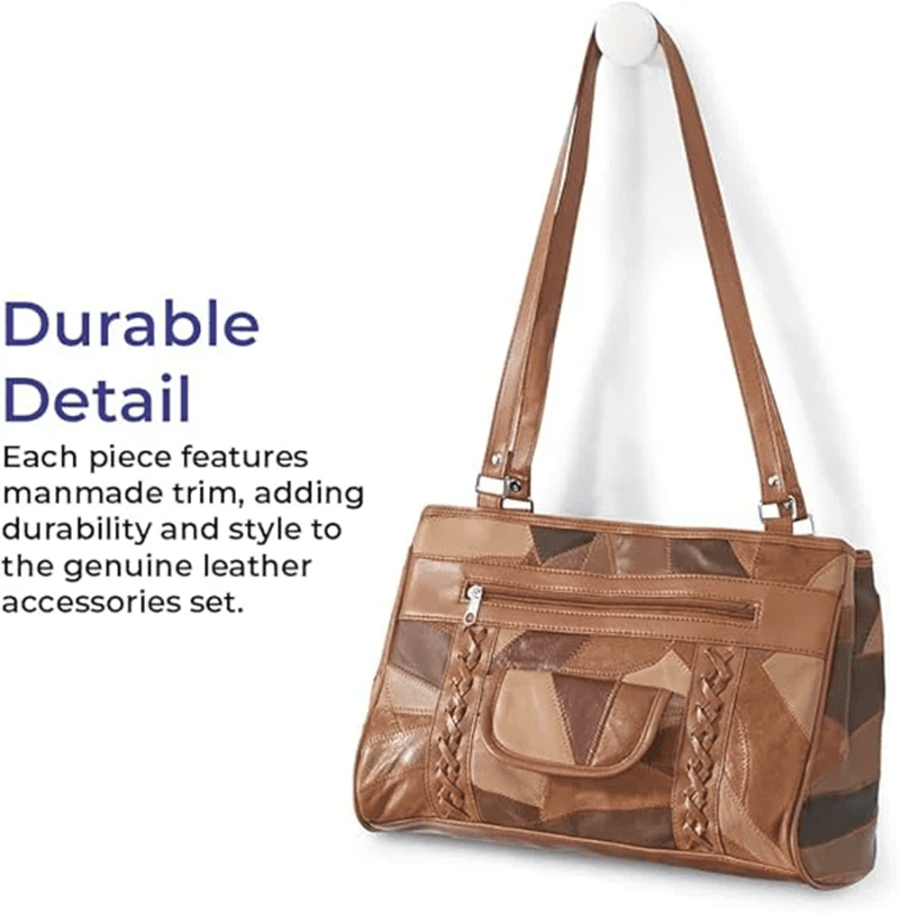Leather 3-Piece Bag Set for Women, Brown Handbag, Wallet, and Matching Coin Purse, Ladies Patchwork Leather Shoulder Bag