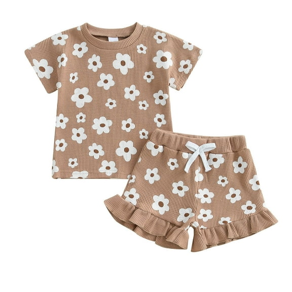 KPOPLK Toddler Baby Girls Summer Outfits Cute Ruffle Ribbed Short Sleeve T Shirts Tops Floral Shorts 2Pcs Sets(Brown_1,0-6 Months)