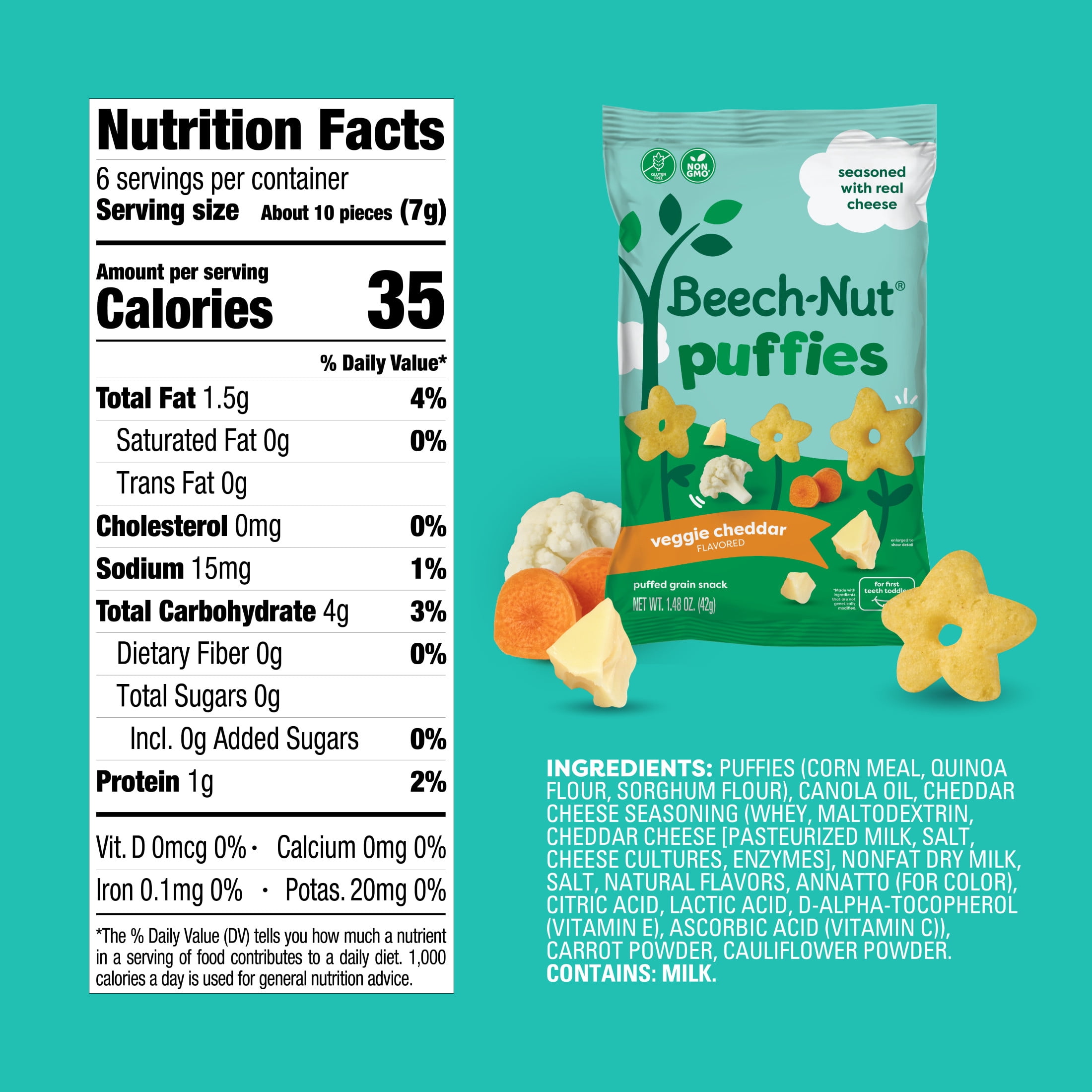(6 pack) Beech-Nut Puffies Veggie Cheddar Whole Grain Toddler Snack Puffs, 1.48 oz Bag