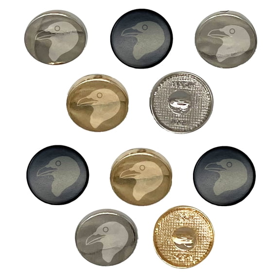 Clever Raven Head Set of 10 Metal 0.6" (15mm) Sewing Shank Round Buttons - Silver Color