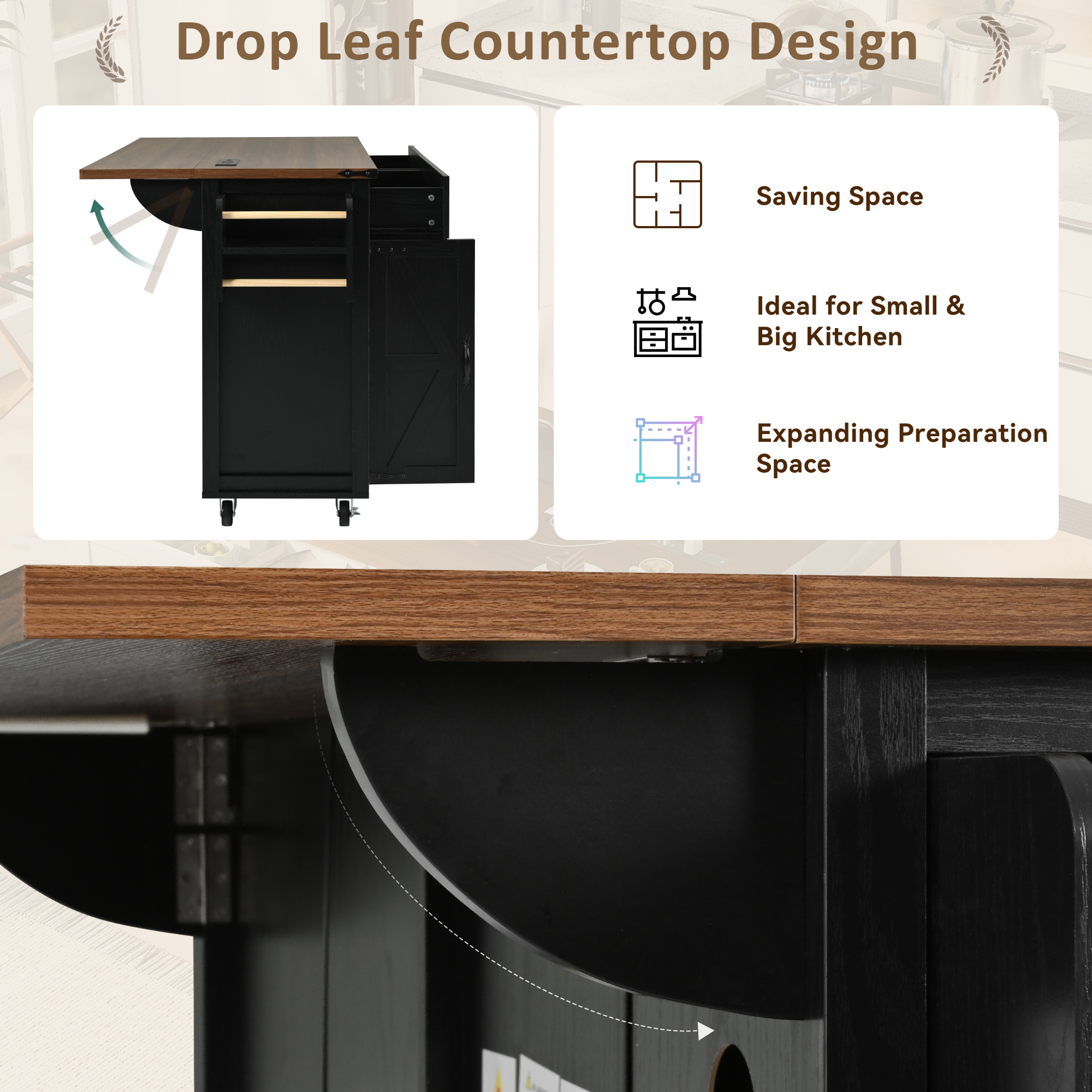 DTTRA 53.5'' Farmhouse Kitchen Island with Power Outlet, Kitchen Storage Island with Drop Leaf, Spice Rack and Drawer, Rolling Kitchen Cart on Wheels, for Home, Kitchen and Dining Room, Black