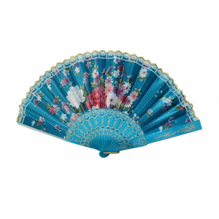 

Silk Hand Fan with Golden Lace and Color Slab-blue