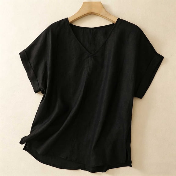 ClodeEU Women's Linen Blend V Neck Short Sleeve Top with Rolled Cuff Sleeves ,Solid Color Casual Spring Summer Blouse Black,Women's Plus L