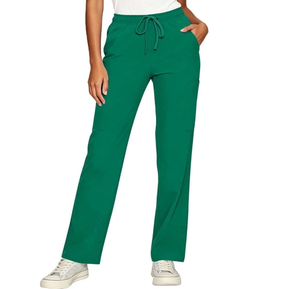 QIYAGBSA Scrub Pants for Women Soft Stretch Drawstring Elastic Waist Multi Cargo Thigh Pockets Work Uniform Long Shifts Daily Duty Easy Move