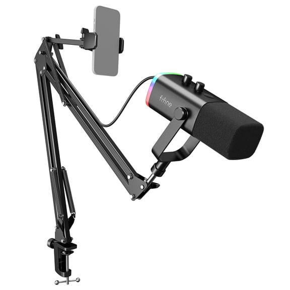 FIFINE AM8 Dynamic Microphone with Boom Arm Stand, USB XLR Gaming Microphone Kit for PC Computer PS5 with RGB, Headphone Jack, Phone Holder AM8T NEO