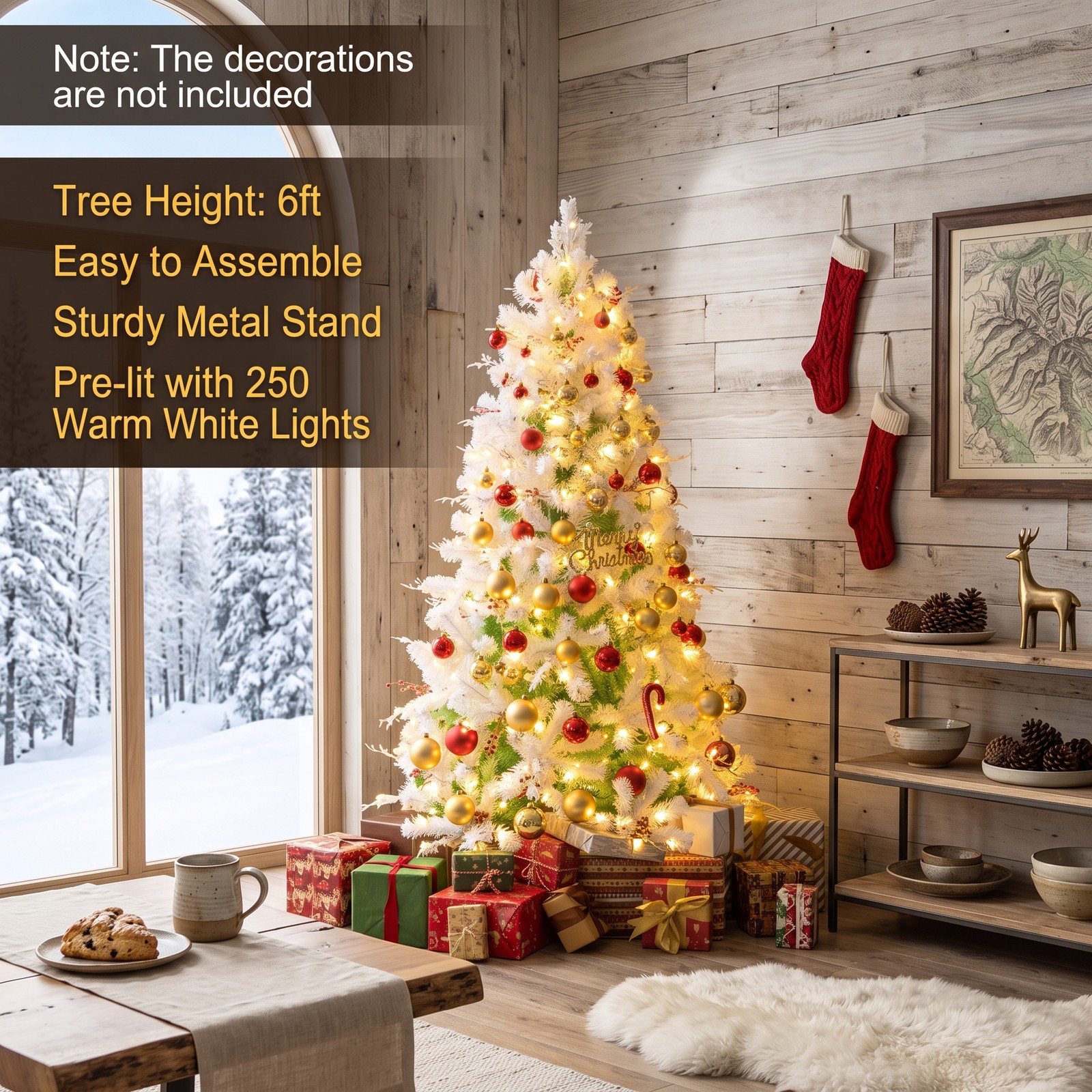 RUIE 6 FT Pre-Lit Artificial Christmas Tree with 250 Warm White LED Lights, Snow Flocked Branch Tips, Frosted Red Berries and Foldable Metal Base, White & Lake Blue