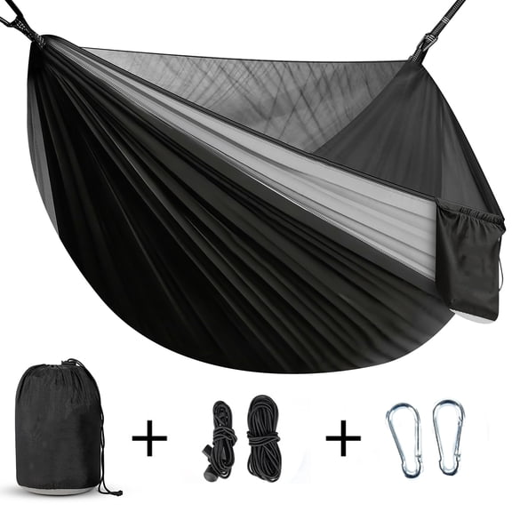 Greenpod 2-in-1 Double/Single Camping Hammock, 500 lb Capacity Portable Hammock with Storage Bag, Ropes and Hooks for Outside, Indoor, Backpacking, Beach, Black & Grey