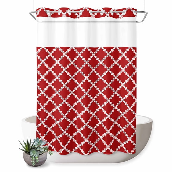 Red No Hook Shower Curtain Moroccan Geometric Abstract Shower Curtain with See Through Top Window, Waterproof Washable Fabric Curtain for Bathroom Hotel Decor, 48Wx72L