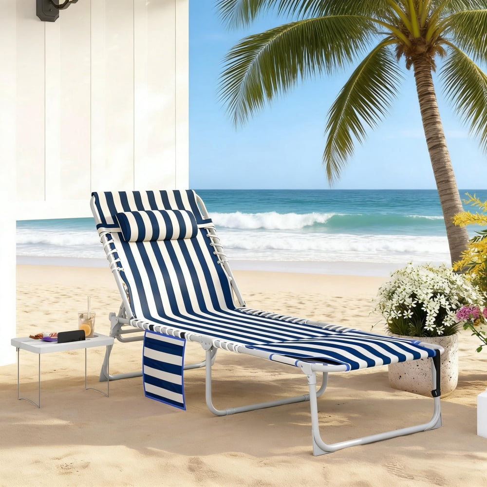2-Piece Outdoor Pool Lounge Chair with Side Table & Side Pocket 5-Position Adjustable Backrest Face & Arm Holes Folding Beach Lounger with Carry Strap 600D Oxford Fabric for Patio Beach Poolside