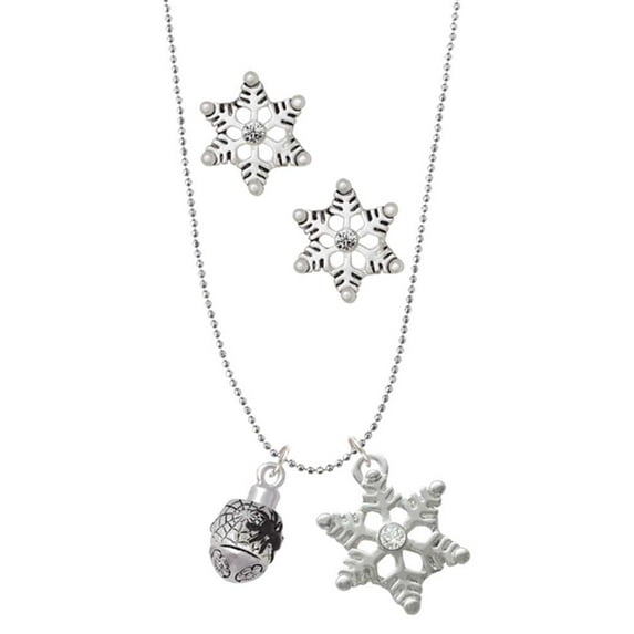 Delight Jewelry Silvertone Black Spider on Web Spinner Silver tone Snowflake Charm Necklace and Stud Earrings
