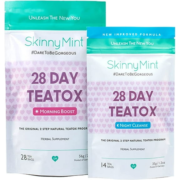 SkinnyMint Original 28 Day Detox Tea Kit- Ultimate TeaTox Programme- All Natural Morning Boost and Night Cleanse Detox Tea- Helps Alleviate Bloating and Boost Energy