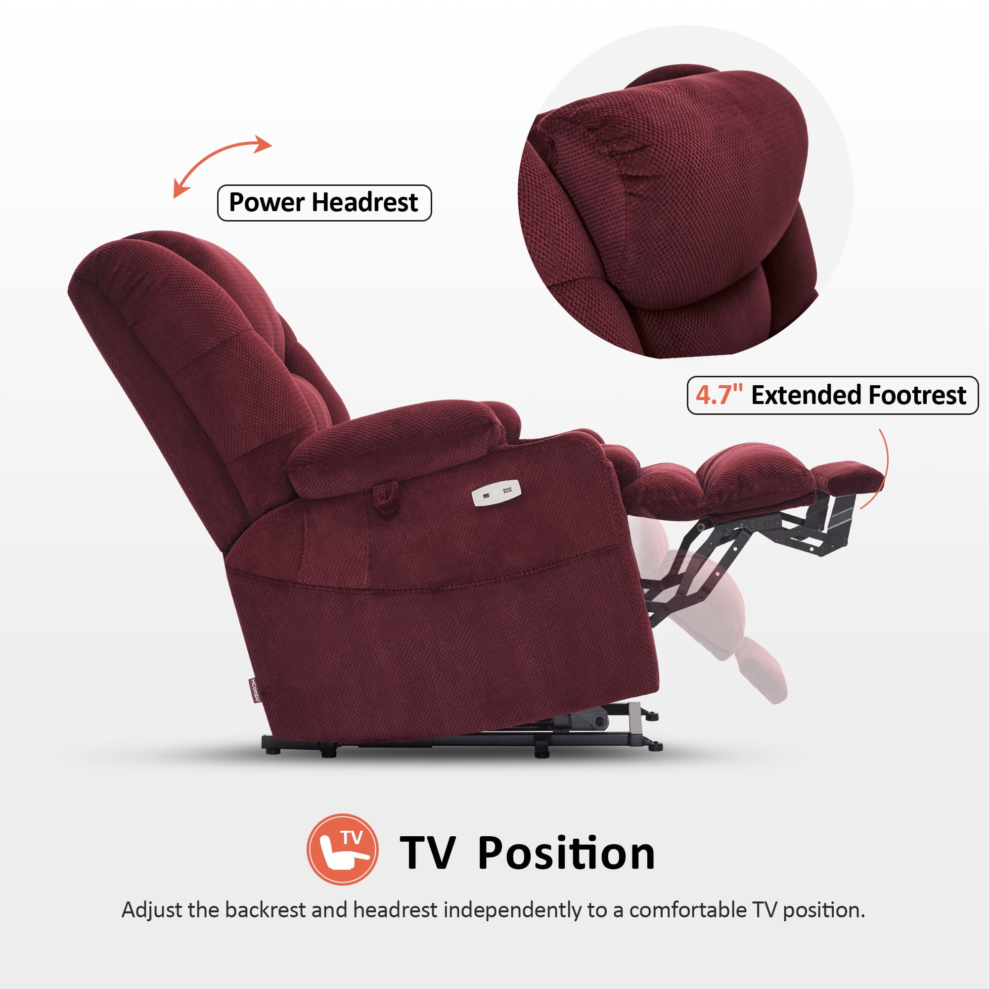 MCombo Oversized Triple Motor Power Lift Recliner with Adjustable Headrest for Big Tall Elderly, Fabric(Burgundy, Large-Wide)