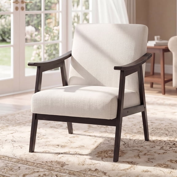 OMNIBERG Mid-Century Modern Accent Chair, Upholstered Armchair with Solid Wood Frame, Comfort Reading Chair Lounge Chair for Living Room Bedroom Sunroom, White
