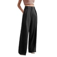 thumbnail image 3 of Pinstripe Dress Pants Women High Waisted Wide Leg Pants with Pockets Pleated Business Trousers Black XL, 3 of 9