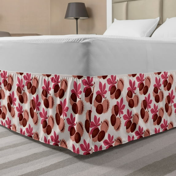 Exotic Bed Skirt, Chestnut Seeds Autumn Fall Leaves Pastel Season Branches Botanical, Elastic Bedskirt Dust Ruffle Wrap Around for Bedding Decor, 4 Sizes, Pink Redbrown and Blush, by Ambesonne