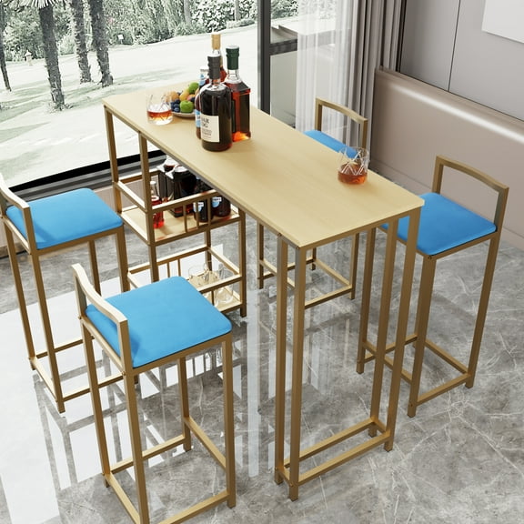 LUCKHAO Light Luxury Style bar Table and Chairs Set of 5/ Set of 3,Gold-Colored Metal Frame,Bar Table with Storage and Foam Cushioned Bar Stools