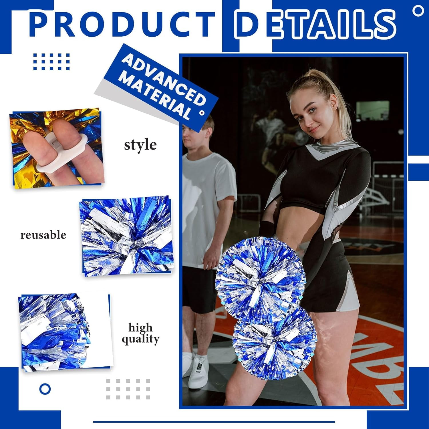 Cheerleader Pom Poms 12 Pack Sports Dance Cheering Plastic Metallic Cheerleading Pom Poms for Kids Adults-Ring Style
