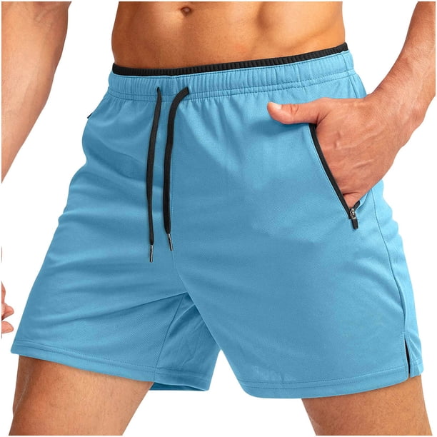 pstuiky Pantalones cortos para hombre, Pantalones cortos deportivos de color liso para hombre, de malla transpirable para entrenamiento de fitness, para playa, con bolsillos y cremallera.