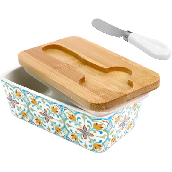 TIE-DailyNec Ceramic Butter Dish with Lid, 6" Kitchen Container with Silicone Seal & Butter Knife, Countertop Storage for Home Decor & Gifting