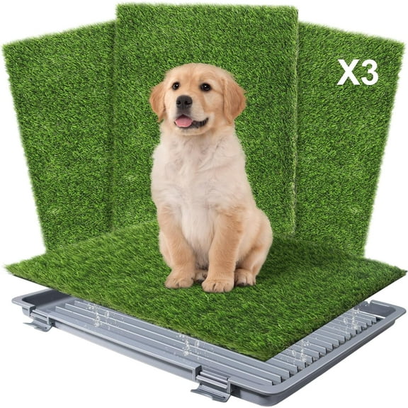 Dog Grass Pad with Tray,Dog Grass Potty Litter Box with Fake Grass Patch Washable Pee Pads, Artificial Dog Grass Bathroom Turf for Puppy Training (Gray Tray 3 Grass Pads for Replacement) 21"x17"