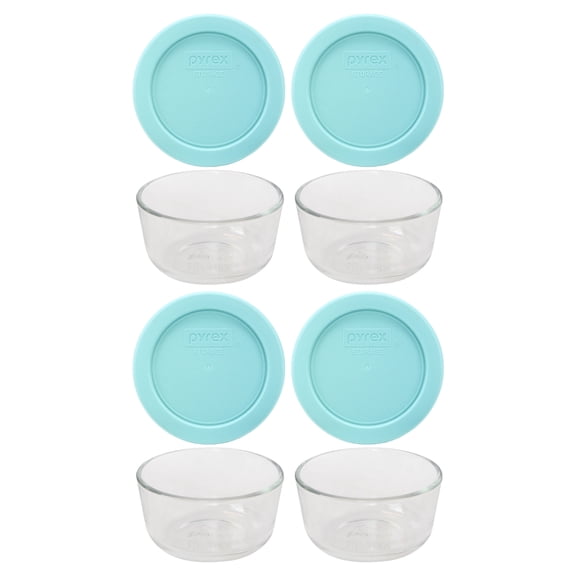 Pyrex 7202 1-Cup Clear Round Glass Food Storage Bowl and 7202-PC Jade Dust Plastic Lid (4-Pack)