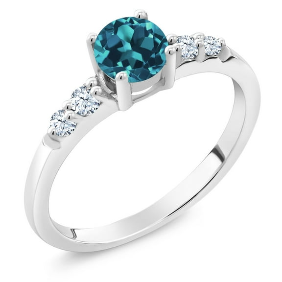 Gem Stone King 925 Sterling Silver Round London Blue Topaz and White Created Sapphire Women Engagement Ring (0.67 Cttw, Gemstone Birthstone, Size 7)