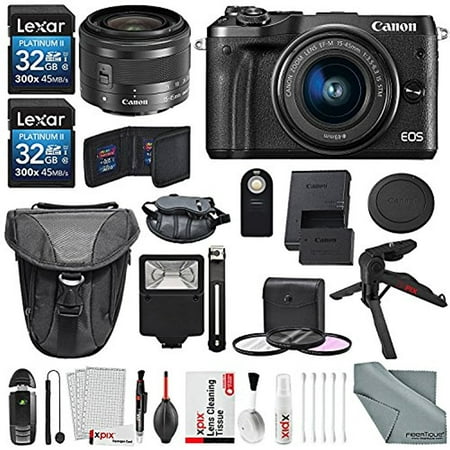 Canon EOS M6 Mirrorless Digital Camera with 15-45mm Lens Bundle with 2X 32GB + Flash + Remote + Tripod + Filters + Camera Case & Strap + Xpix Lens