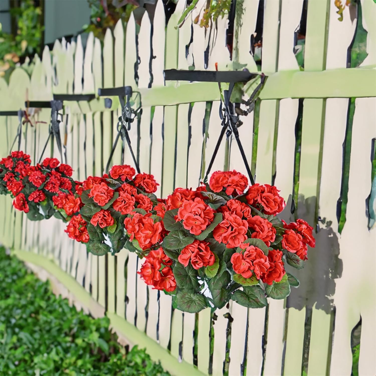 4 Packs Artificial Flowers for Outdoor 14'' Red Geranium Silk Flowers UV Resistant Garden Plants Bush Faux Flowers for Home Wedding Kitchen Table Centerpieces Grave Cemetary Vase Decor