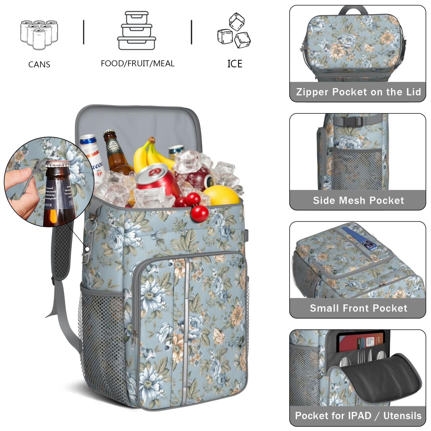 Travel Cooler Bag - Pioneer Flower Floral Print Pattern Camping Beer Cooler Backpack with Bottle Opener- Waterproof Insulated Picnic Backpacks - Cooler Bag for Beach