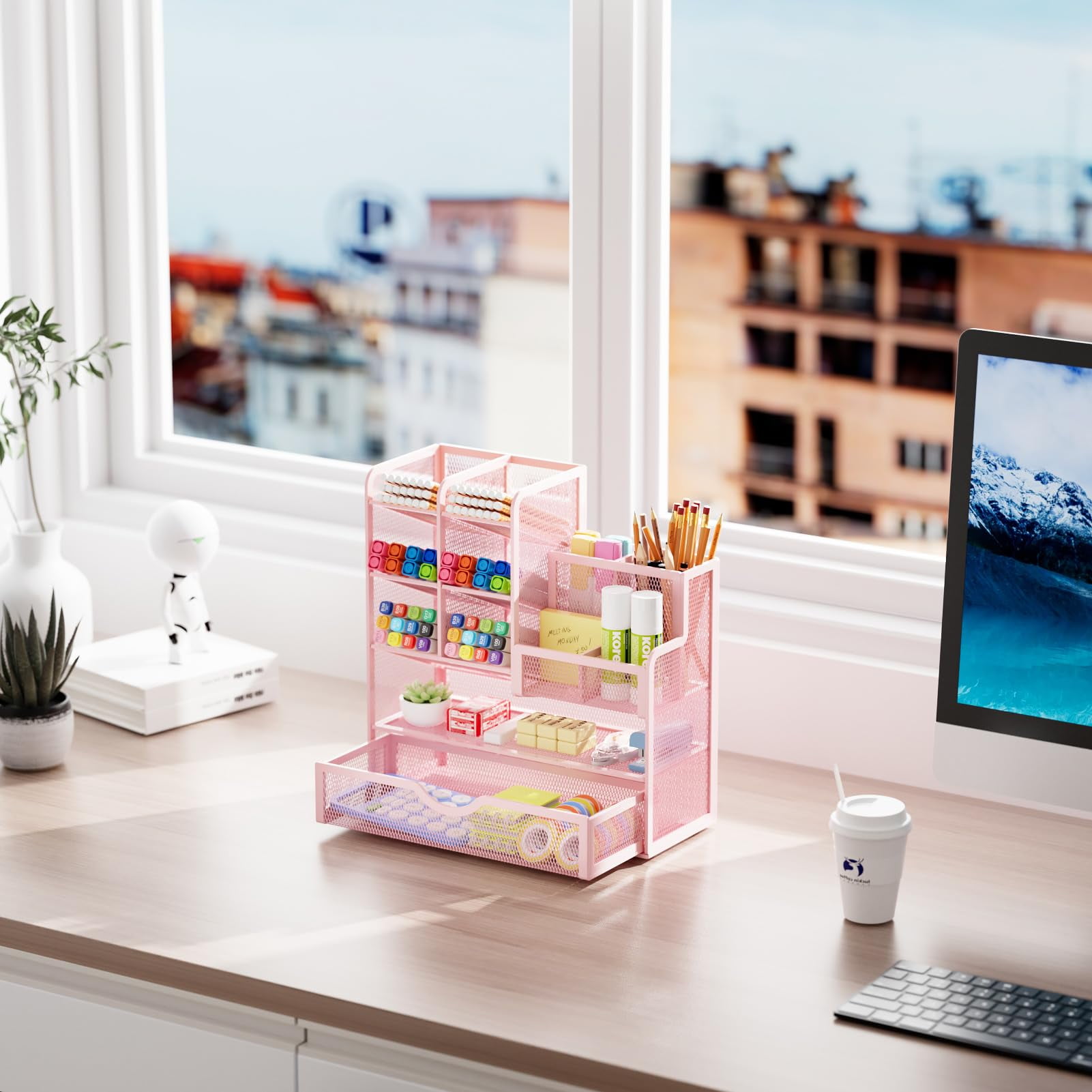 Marbrasse Mesh Pen Holder for Desk, Desk Organizer with Drawer, Multi-Functional Pencil Organizer, Accessories for Office Art Supplies (Pink)