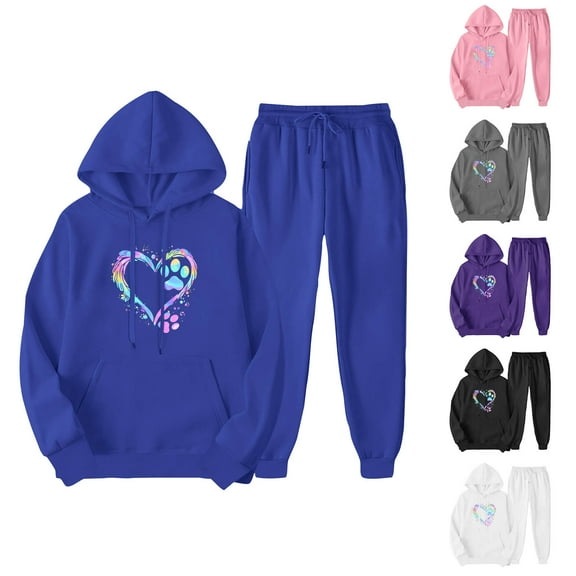 USSUMA Sweats for Women 2 Piece Set Women's Sweatshirt Long Sleeved Pullover Sweatpant Outfits Pocket Drawstring Print Tracksuit Elastic Waist Comfortable Jogger Sets Loose Sport Fall Suit