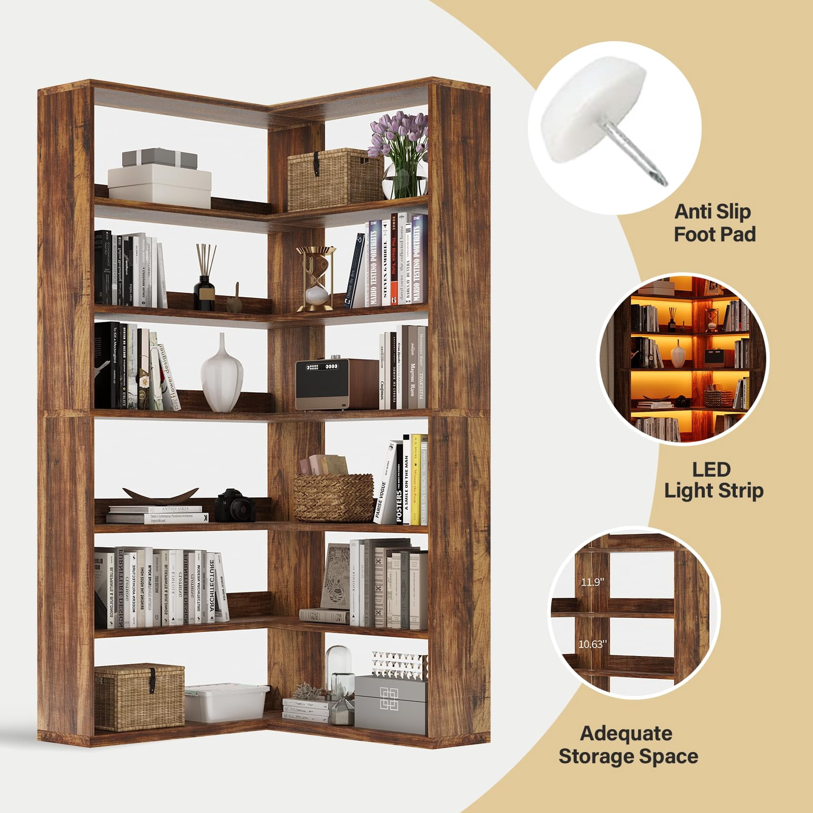 DreamCurship Corner Bookshelf L-Shaped Industrial 6 Tier with LED Light 71 Inch Tall Rustic Brown