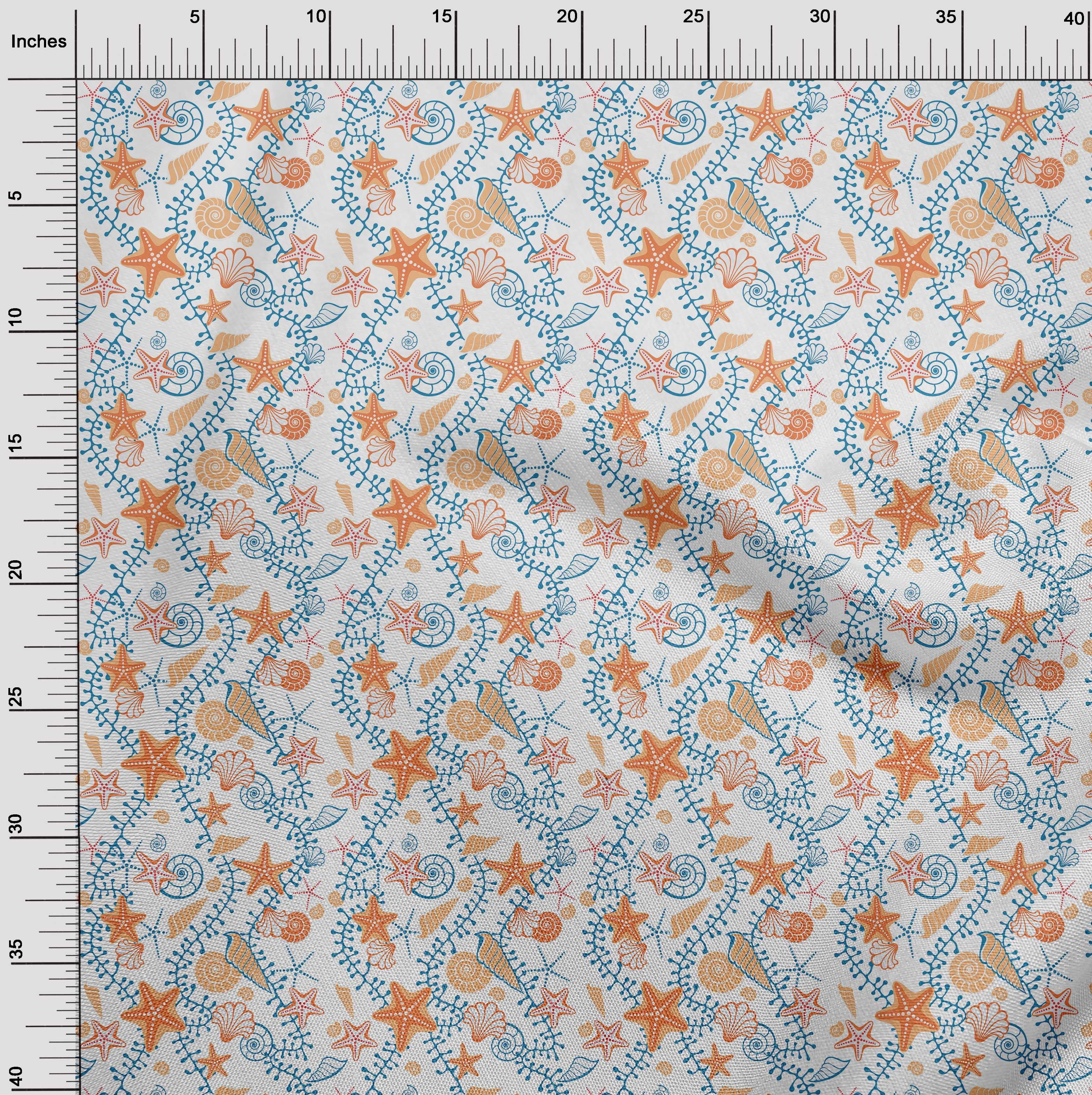 oneOone Cotton Poplin Twill Orange Fabric Beach Starfish &Shell Sewing Craft Projects Fabric Prints By Yard 56 Inch Wide