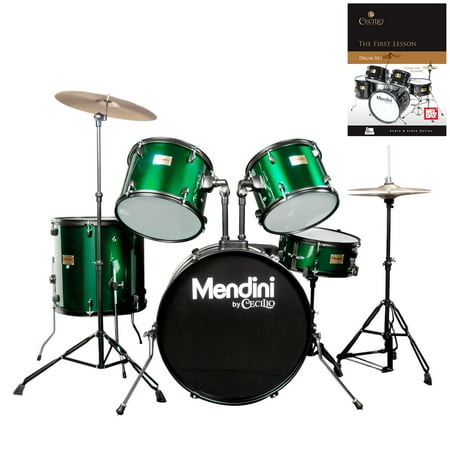 Mendini by Cecilio Complete Full Size 5-Piece Adult Drum Set w/ Cymbals Pedal Throne Sticks, Lesson Book, Metallic Green MDS80-GN