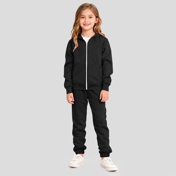 YMNXA Big Child Girls Outfit Long Sleeve Zip Up Solid Color Hoodie And Jogger Casual Soft Two Piece Sets For Daily Wear Black 4-5 Years