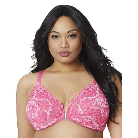Bramour by Glamorise Women's Full Figure Plus Size Underwire Front Close Racerback Floral Lace Bra-Noho #7005 Fuchsia 48C