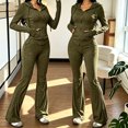 thumbnail image 2 of Womens 2 Piece Outfits Athleisure Sets Ribbed Long Sleeve Zip Up Hoodie and Flare Pants Matching Sets Bodycon Workout Tracksuit Casual Going Out Outfits, 2 of 8