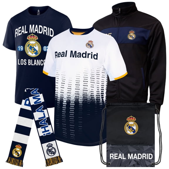 Icon Sports Ultimate Fan Pack: Officially Licensed CF Real Madrid Soccer Bag, Scarf, Jacket & Shirts 5 Piece Value Set, Large