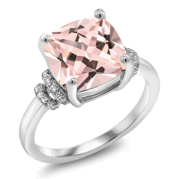 Gem Stone King 4.61 Cttw Peach Simulated Morganite Women Ring | 925 Sterling Silver | Cushion 10MM | Available in Size 5, 6, 7, 8, 9